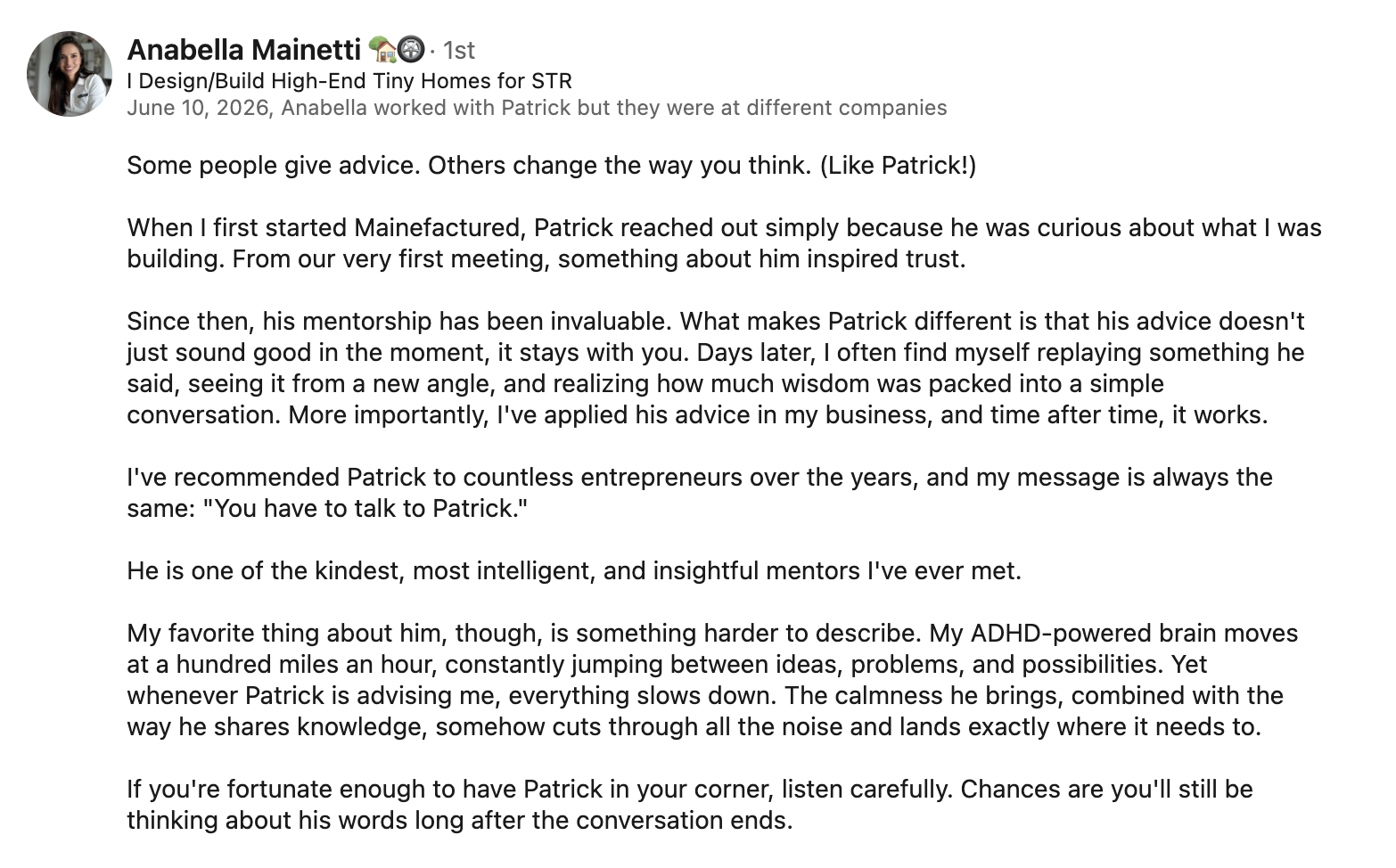LinkedIn recommendation from founder Anabella Mainetti describing Patrick Trotter's mentorship and business advice
